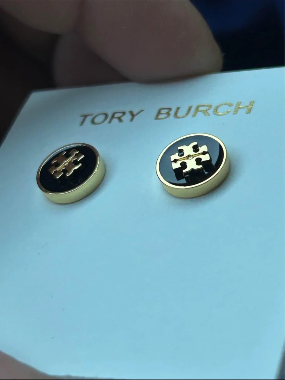 Tory Burch Rose Gold and Black Logo Disc Earrings and matching necklace set